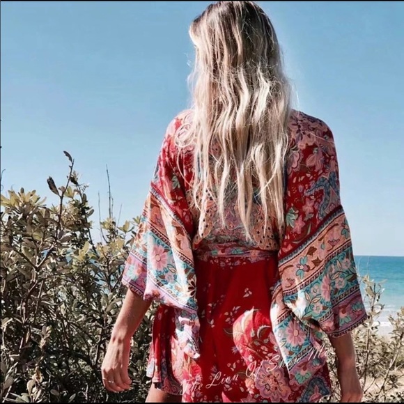 Lotus Peacock Red Cotton Boho Gypsy Romper - Picture 3 of 7